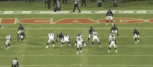 Double blocking on Hicks allows Mack to pressure Goff